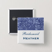 Blaue und weiße Vintage Blumen-Brautjungfer Button (Vorne & Hinten)