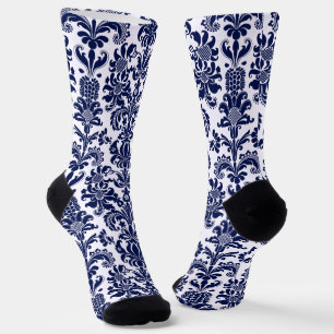 Blaue und weiße vintage Blumen-Damaskus-Muster Socken