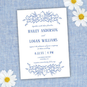 Blaue und weiße Vintage-Blumen Hochzeit elegant Einladung
