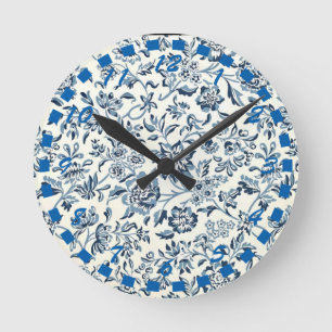 Blaue und weiße Vintage-Blumen Runde Wanduhr