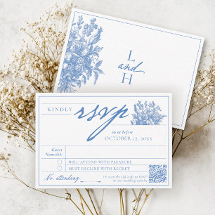 Blaue und weiße Vintage-Blumengarten-Boho-Hochzeit RSVP Karte