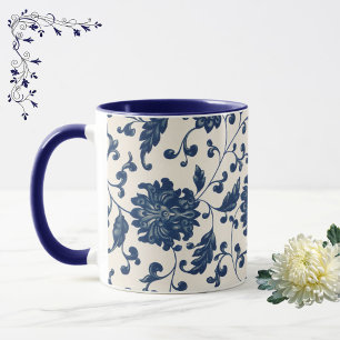Blaue und weiße Vintage Blumenvignette Tasse