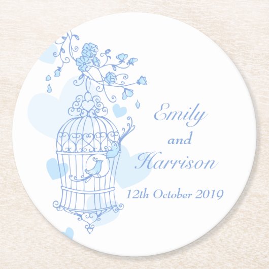 Blaue und weiße Vögel öffnen Käfig Hochzeit Unters Runder Pappuntersetzer (Vorderseite)