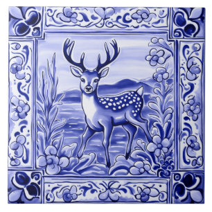 Blaue und weiße Waldhirsch-Volkskunst-Tierkunst Fliese