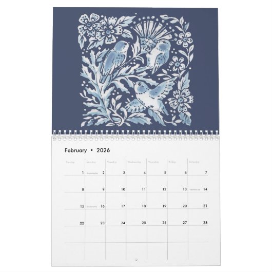 Blaue und weiße Waldtiere Waldtiere Waldelft Kalender (Feb 2026)