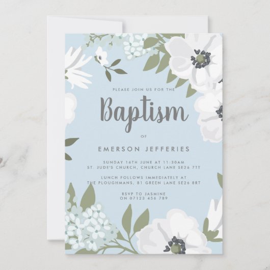 Blaue und weiße Wasserfarbe Anemone Taufe Einladung (Vorderseite)