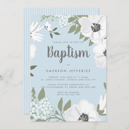 Blaue und weiße Wasserfarbe Anemone Taufe Einladung (Vorne/Hinten)