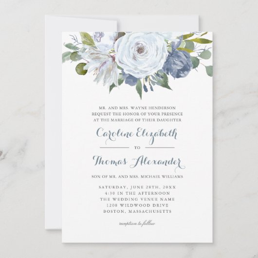 Blaue und weiße Wasserfarben Blumen Elegante Hochz Einladung (Vorderseite)