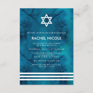 Blaue und weiße Wasserfarben Streifen Bat Mitzvah Einladung