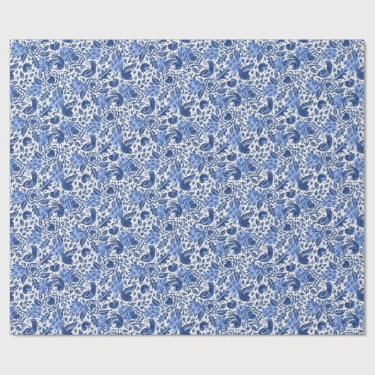 Blaue und weiße Wasserfarben - Vögel, Nester und H Geschenkpapier (Flach)