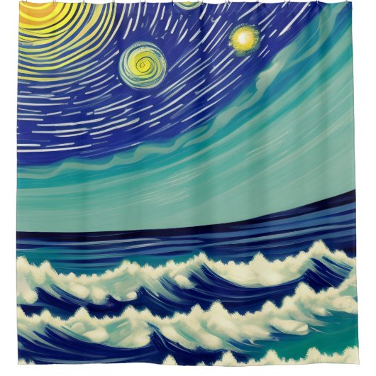 Blaue und weiße Waves Mondstars Duschvorhang (Vorderseite)