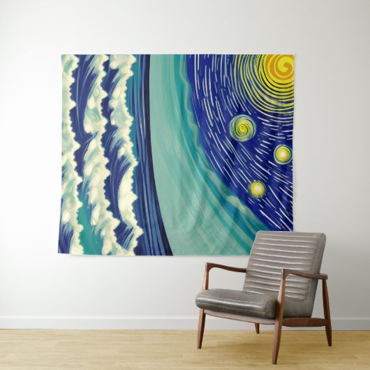 Blaue und weiße Waves Mondstars Wandteppich (Beispiel (Horizontal))