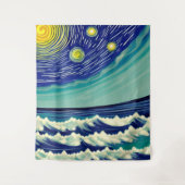 Blaue und weiße Waves Mondstars Wandteppich (Vorderseite)