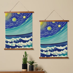 Blaue und weiße Waves Mondstars Wandteppich Mit Holzrahmen