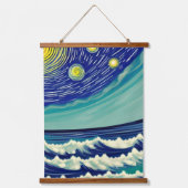 Blaue und weiße Waves Mondstars Wandteppich Mit Holzrahmen (Vorderseite 2)