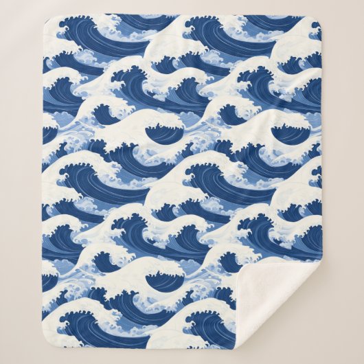 Blaue und weiße Waves Nautische Muster Sherpadecke (Vorderseite)