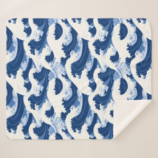 Blaue und weiße Waves Nautische Muster Sherpadecke (Vorderseite (Horizontal))