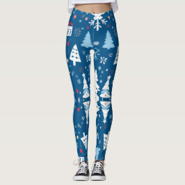 Blaue und weiße Weihnachtsbäume und Schneeflocken Leggings
