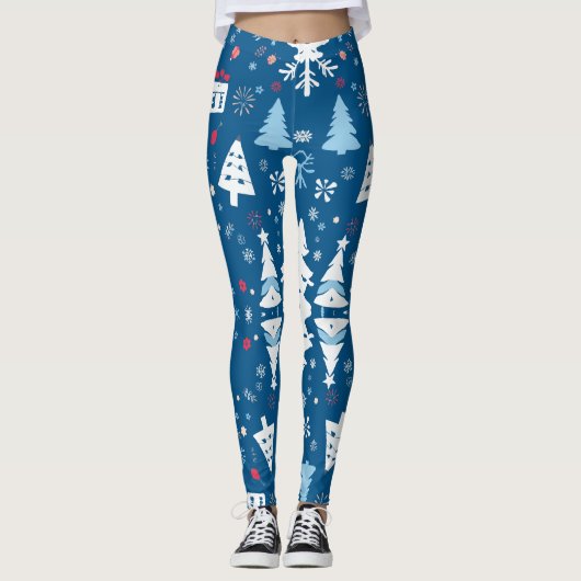 Blaue und weiße Weihnachtsbäume und Schneeflocken Leggings (Vorderseite)
