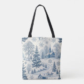 Blaue und weiße Weihnachtskirche Winterlandschaft Tasche (Rückseite)