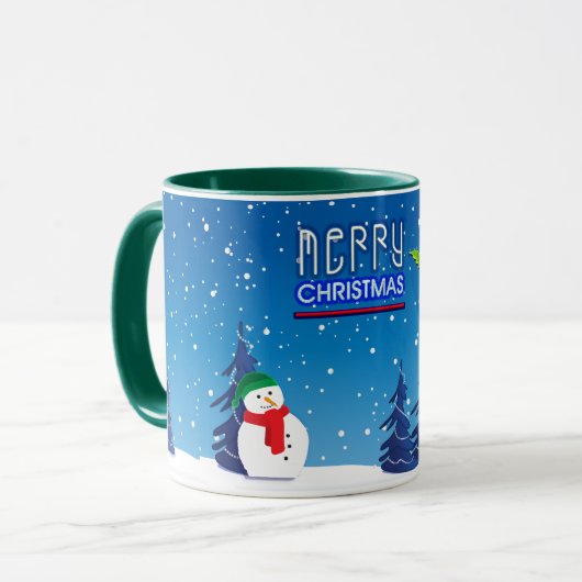 Blaue und weiße Weihnachtsschneemänner Winterlands Tasse (Vorderseite Links)