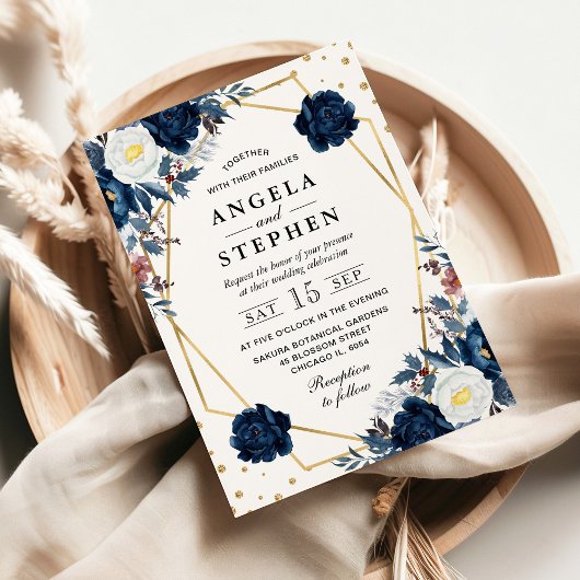 Blaue und weiße Winter-Blume Goldrahmen Hochzeit Einladung