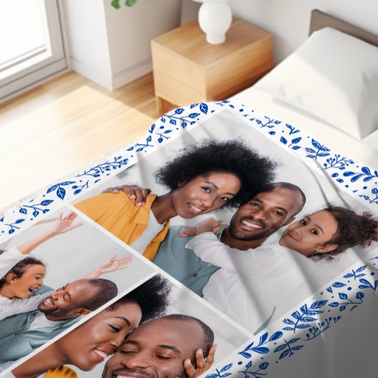 Blaue und weiße Winter Botanische FotoCollage Fleecedecke