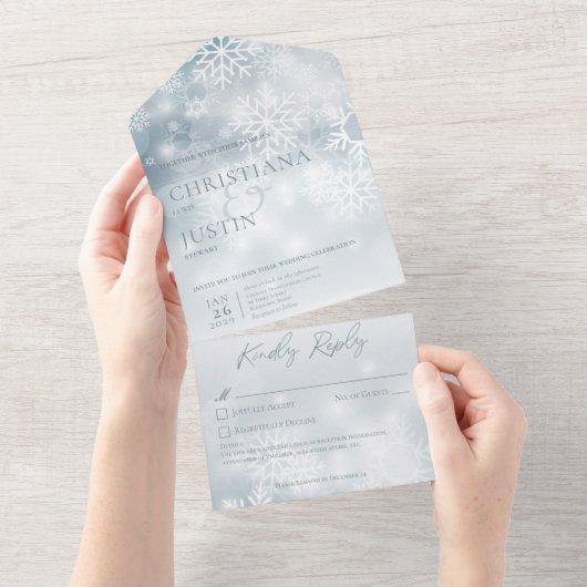 Blaue und weiße Winterschnee Moderne Details All In One Einladung (Abreißen)