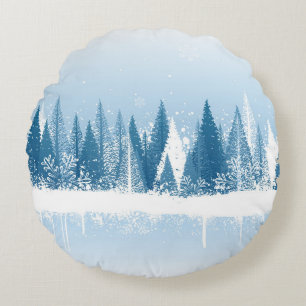Blaue und weiße Winterwald-Grundierung Rundes Kissen