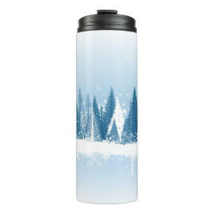 Blaue und weiße Winterwald-Grundierung Thermosbecher