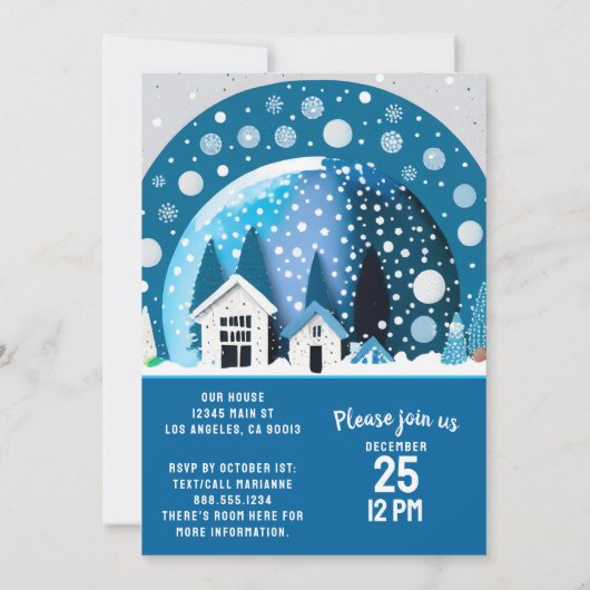 Blaue und weiße Winterwunderlandhäuser - Schneeglo Einladung (Rückseite)