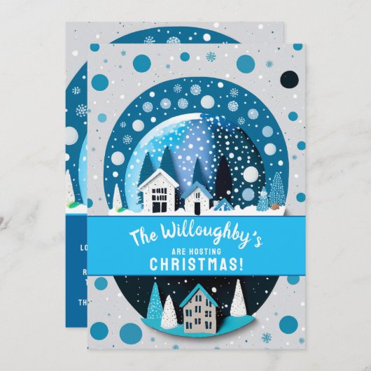 Blaue und weiße Winterwunderlandhäuser - Schneeglo Einladung (Vorne/Hinten)