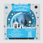 Blaue und weiße Winterwunderlandhäuser - Schneeglo Magneteinladung (Vorderseite)