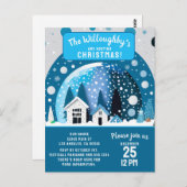 Blaue und weiße Winterwunderlandhäuser - Schneeglo Postkarte (Vorne/Hinten)