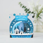 Blaue und weiße Winterwunderlandhäuser - Schneeglo Save The Date (Stehend Vorderseite)