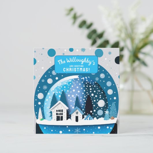 Blaue und weiße Winterwunderlandhäuser - Schneeglo Save The Date (Stehend Vorderseite)
