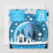 Blaue und weiße Winterwunderlandhäuser - Schneeglo Save The Date (Rückseite)
