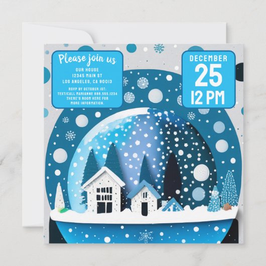 Blaue und weiße Winterwunderlandhäuser - Schneeglo Save The Date (Rückseite)