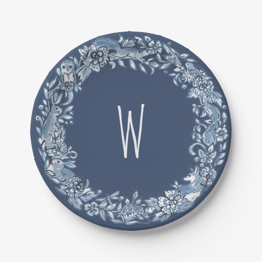 Blaue und weiße Woodland-Tierkreide-Delft-Monogram Pappteller (Vorderseite)
