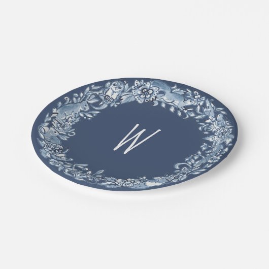 Blaue und weiße Woodland-Tierkreide-Delft-Monogram Pappteller (Schrägansicht)