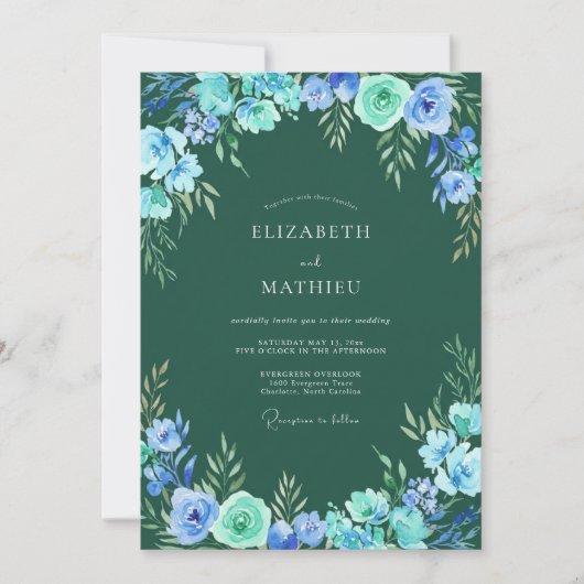 Blaue üppige Blumenbogenhochzeit Einladung (Vorderseite)