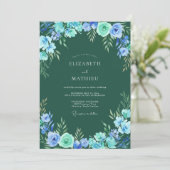 Blaue üppige Blumenbogenhochzeit Einladung (Stehend Vorderseite)