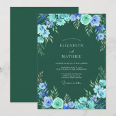 Blaue üppige Blumenbogenhochzeit Einladung (Vorne/Hinten)