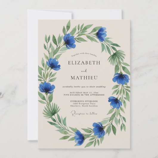 Blaue Üppige Hochzeit Einladung (Vorderseite)