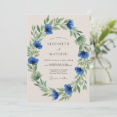 Blaue Üppige Hochzeit Einladung (Stehend Vorderseite)