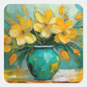 Blaue Vase mit gelben Blumen Quadratische Aufklebe Quadratischer Aufkleber