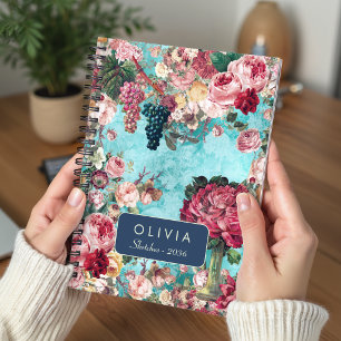 Blaue Vase mit shabby-chicen Rosen im Vintage-Stil Notizblock