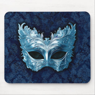 Blaue venezianische Maske auf blauem Damast-Hinter Mousepad