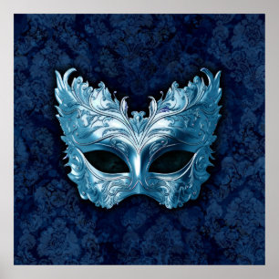 Blaue venezianische Maske auf blauem Damast-Hinter Poster