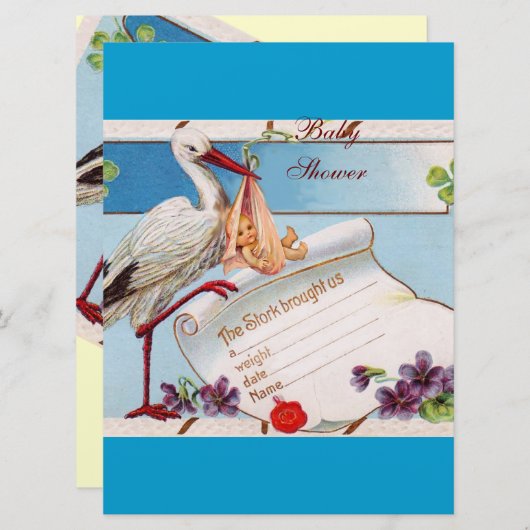 BLAUE VERGESSEN MICH NOCH, STORK BABY DUSCHMONOGRA EINLADUNG (Vorne/Hinten)